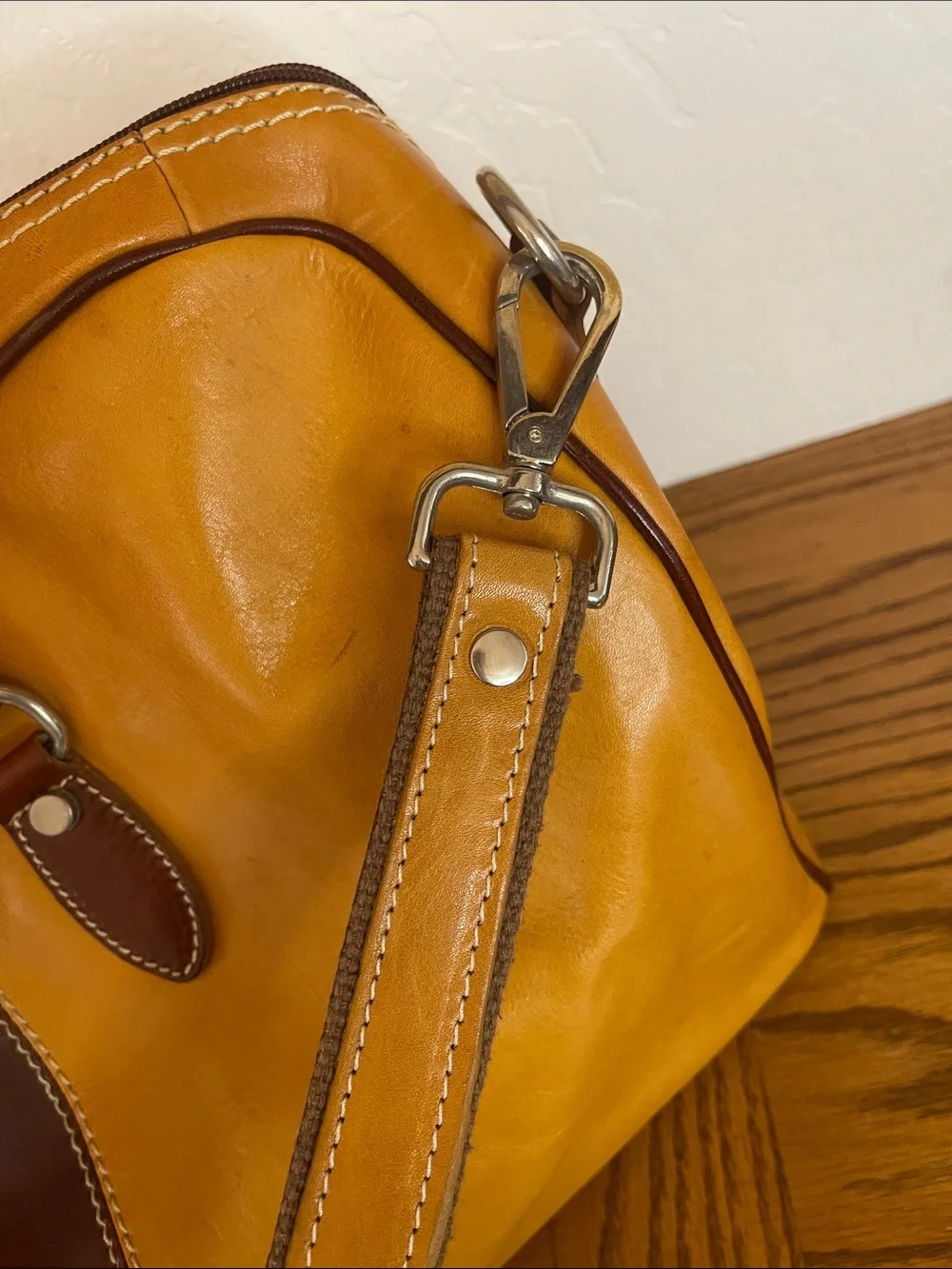 MARISA Leather Travel Duffel BOWLING STYLE Bag in Tan with Brown Accent